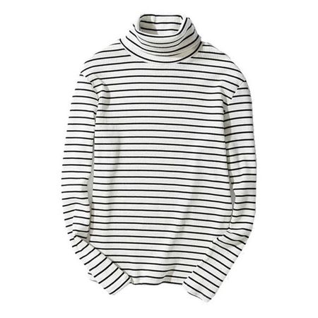 Black and White Striped T-shirt Men's Retro Base Layer High Neck Long Sleeve