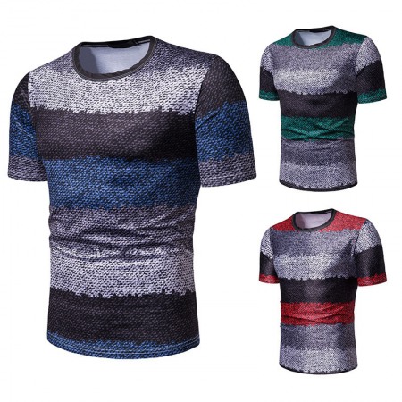 New Summer Men's Short-Sleeved T-Shirt Contrast Striped Slim Casual T-Shirt