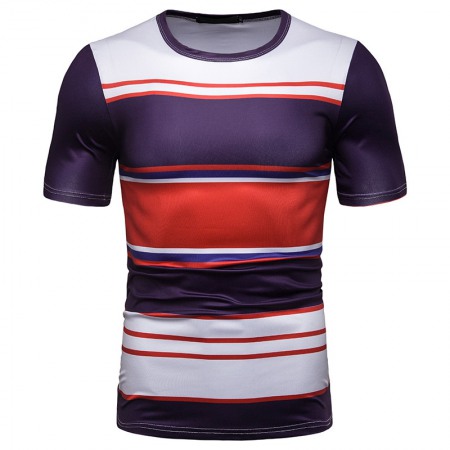 New Summer Men's Short-Sleeved T-Shirt Contrast Striped Slim Casual T-Shirt